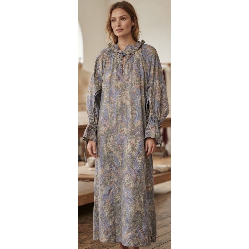 Ichi Linen Dress Free Size Boho Floral Peasant Hippie Colorful Fall